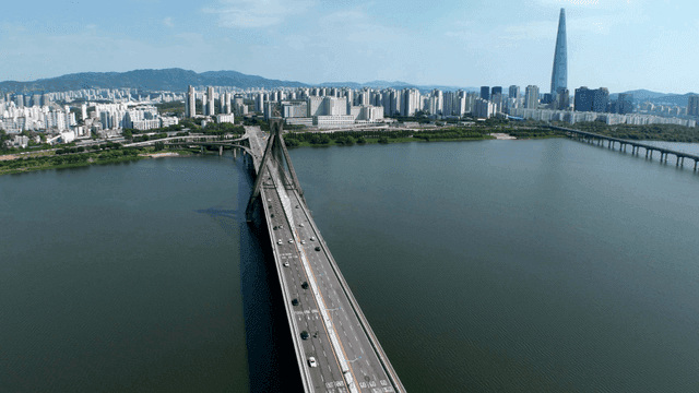 City skyline and bridge over the river