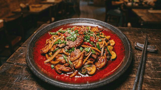 Hot vegetables and spicy pork stir-fry
