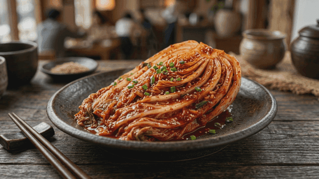 Plate of fresh kimchi at cozy restaurant