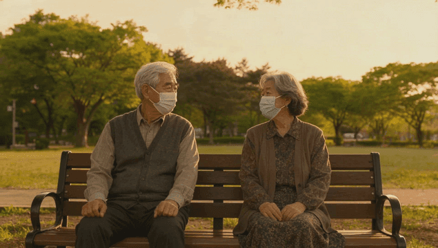 공원 벤치에 앉아 있는 노부부