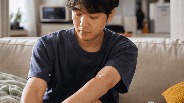 Man applying ointment to his arm in living room
