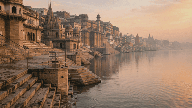 Historic riverside architecture at sunrise