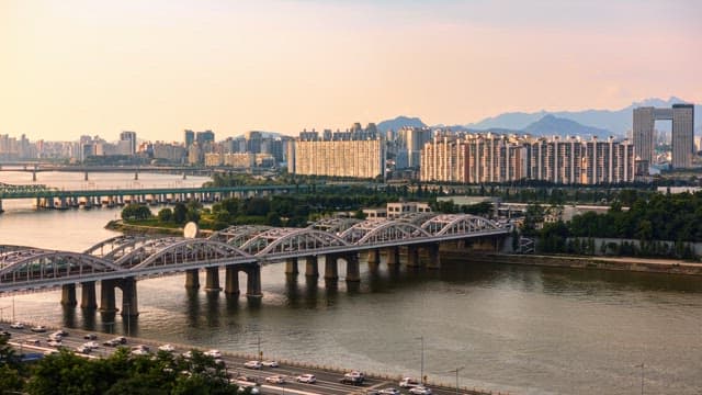 Cityscape with bridges over the river during sunset