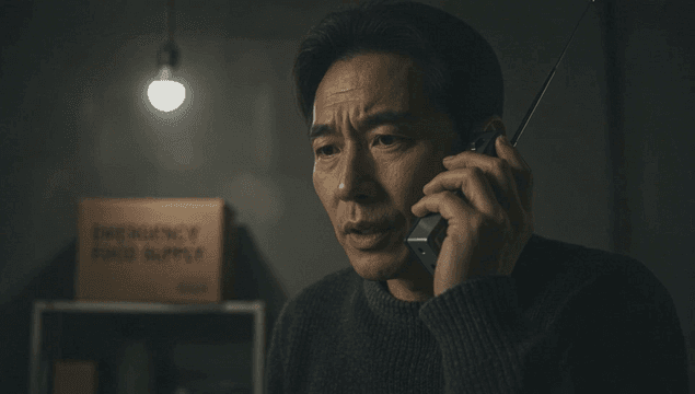 어두운 방에서 무전기로 통화하는 남자