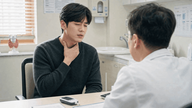 Male thyroid patients consulting with doctor at clinic