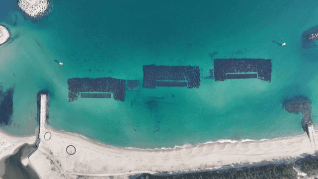 Aerial view of a coastal area with piers
