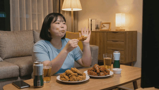 Woman eating chicken and beer at home