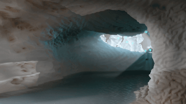 Inside an icy cave with natural light