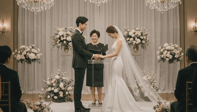 A wedding ceremony with a happy couple