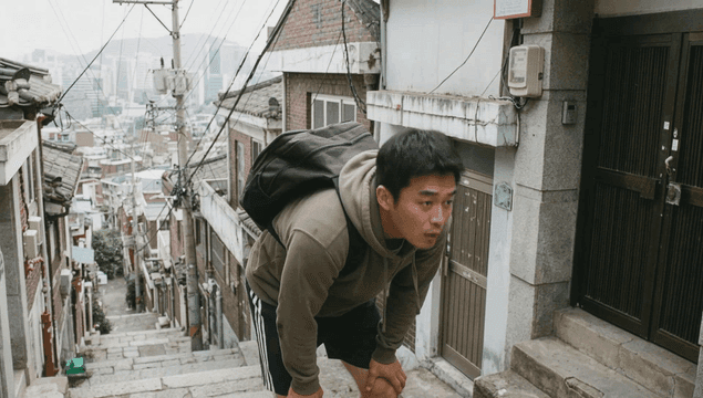 Man struggling on steep stairs in alley in Dal-dong