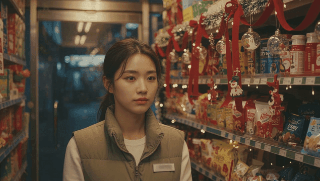 크리스마스 분위기의 가게 통로에 있는 여성