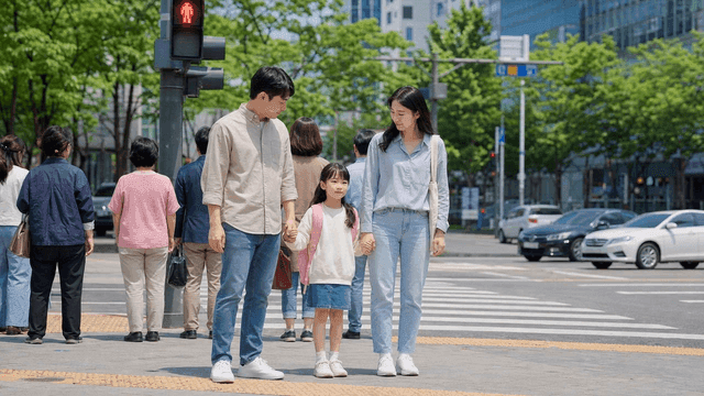 Family waiting at crosswalk