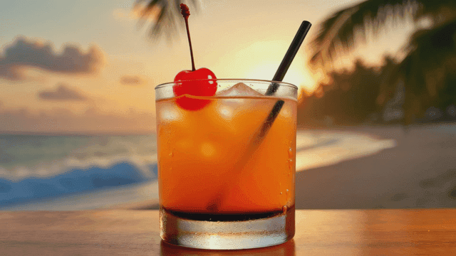 Refreshing cocktail on beach at sunset