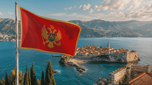 Coastal village where Montenegrin flag is flying