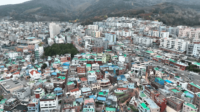 Cityscape with colorful rooftops