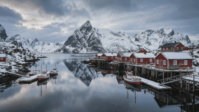 Snowy mountains and red cabins by the sea