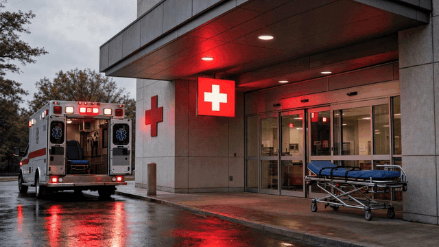 Ambulance parked at entrance of emergency room hospital