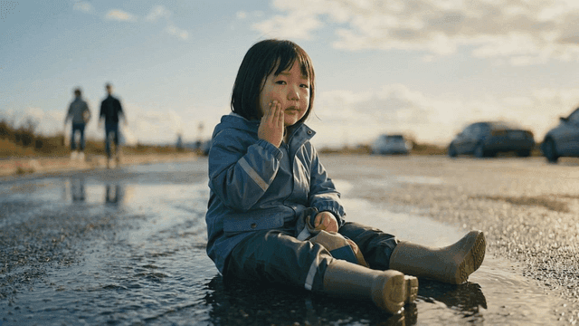 Little girl sitting on wet road crying