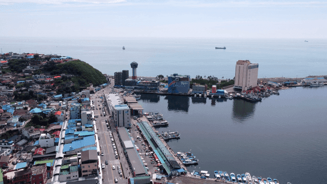 항구와 건물이 있는 해안 도시