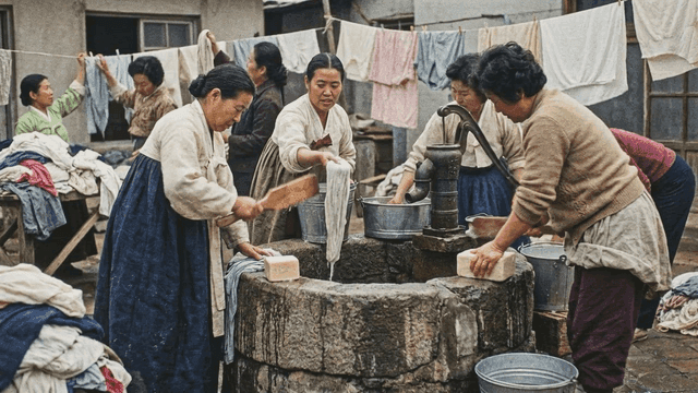 Women in Hanbok washing clothes at communal well