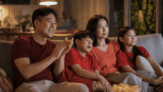Family gathered on sofa at home watching TV