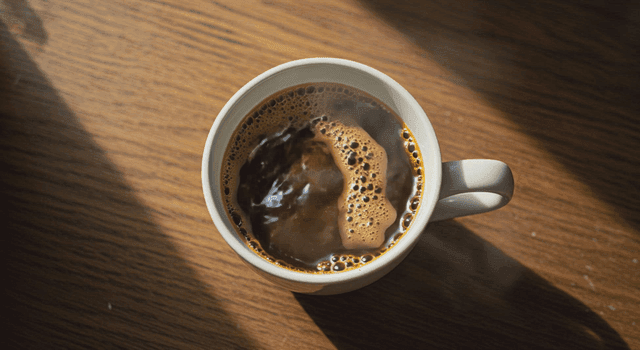 머그컵에 뜨거운 커피를 따르는 장면