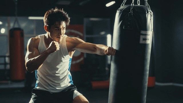 Man practicing boxing with sandbag