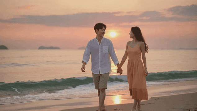 해변에서 일몰을 보며 걷는 커플