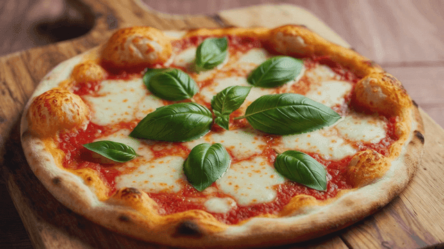 Freshly baked pizza with basil leaves