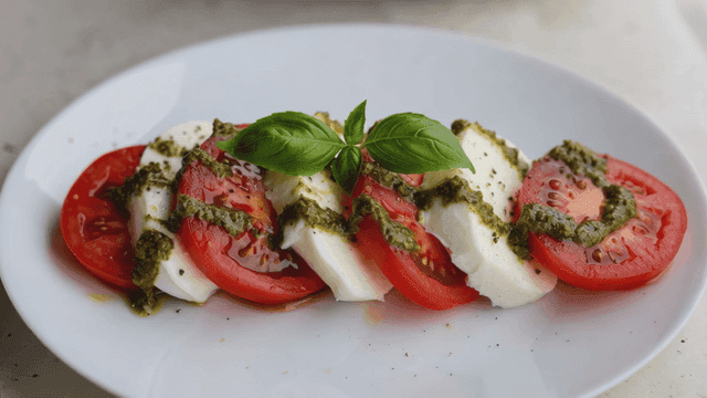 신선한 바질과 페스토를 곁들인 카프레제 샐러드