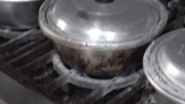 Rice cooking in a pot on a stove