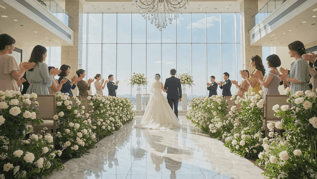 하객들이 박수치는 결혼식 장면