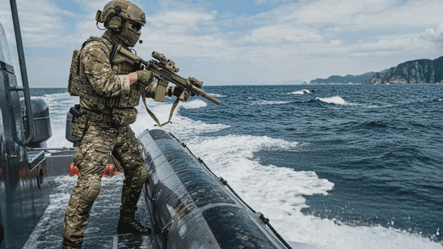 Soldiers on guard from boat at sea