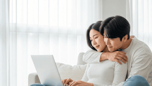 노트북을 보며 함께 시간을 보내는 커플