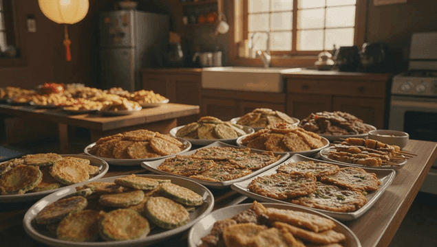A variety of Korean pancakes on a table