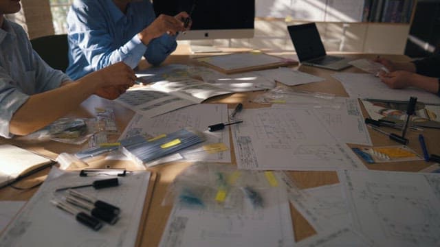 팀이 기술 도면을 위해 협력하는 모습