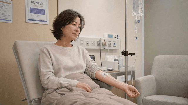 Woman receiving IV drip at hospital