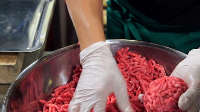 Gloved hands shaping ground beef in a bowl