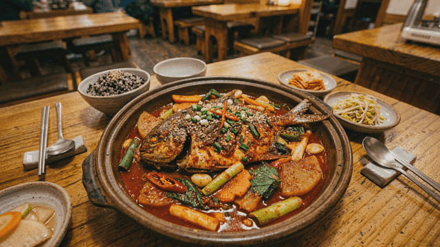 Spicy braised fish on table