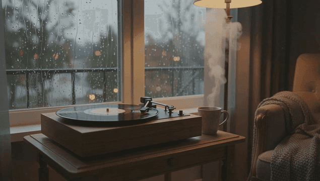 비 오는 날 레코드 플레이어가 있는 아늑한 방