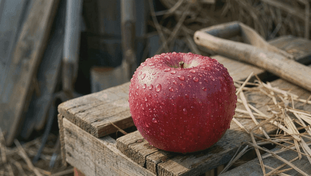 나무 상자 위에 물방울이 맺힌 신선한 사과
