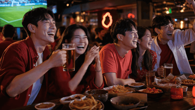 활기찬 바에서 축구 경기를 즐기는 친구들
