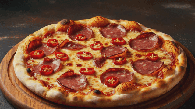 Delicious pepperoni pizza topped with red chili peppers,
