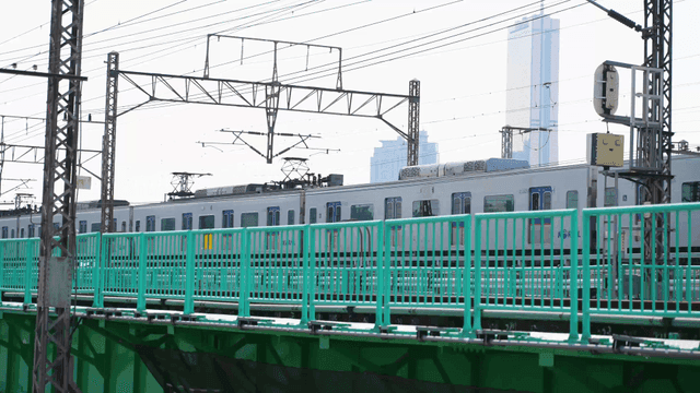 Train passing over a bridge in the city