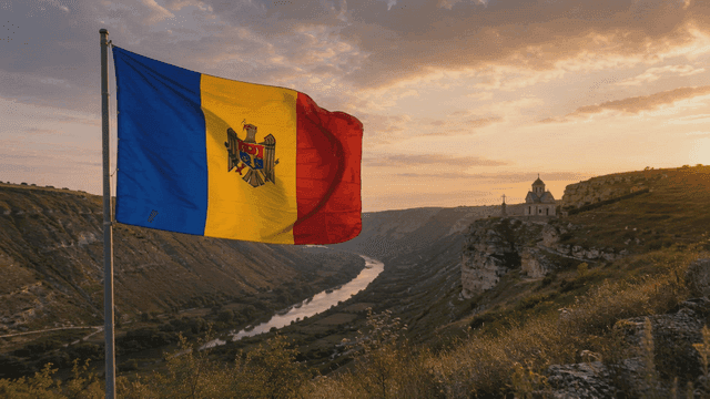 Moldovan flag fluttering over valley at sunset