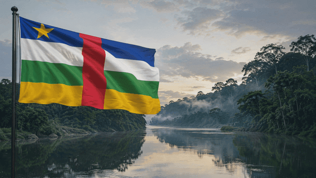 Flag of Central African Republic fluttering by quiet riverside