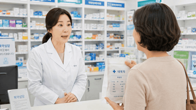 Pharmacist prescribing medicine to middle-aged female patient