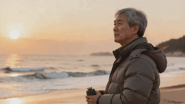 평화로운 해변 일몰을 즐기는 노인
