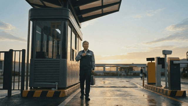 Elderly security guard in parking booth in sunset