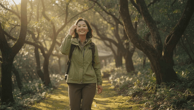 숲속을 등산하며 미소짓는 여성